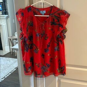 CeCe Red Ruffled Cap Sleeve Blouse with Tie Front